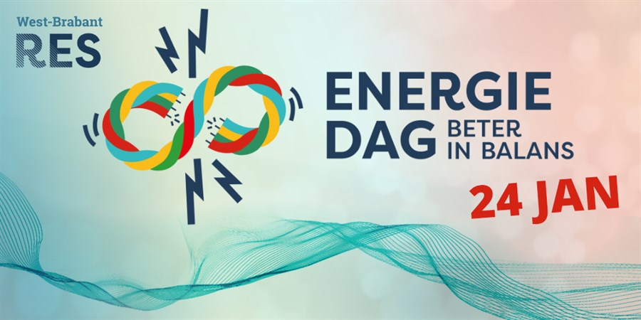Poster met de tekst EnergieDag Beter in Balans 24 jan. Logo: West-Brabant RES. Logo: EnergieDag, rode, gele, groene en blauwe kabel zijn in elkaar verweven in een infinity teken. Hier komen elektriciteit schichten vanaf.